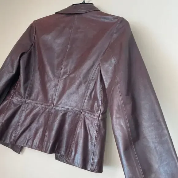 Y2K 90’s CHEVIGNON TRUCKER JACKET BLAZER COW GRAIN LEATHER MAROON SZ L VERSATILE - Picture 10 of 16